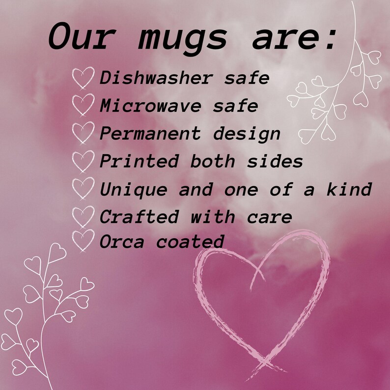May include: A pink and white graphic with the text "Our mugs are:" followed by a list of features including "Dishwasher safe", "Microwave safe", and "Printed both sides". Decorative heart and floral elements frame the text.