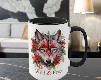 Wild & Free Wolf Mug, Wolf Mug, Wild and Free Mug, Wildlife Mug, Red Flowers Wolf Mug, Unique Wolf Mug, Wolf Coffee Mug, Wolf ORCA mug