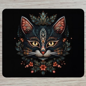 Charming Floral Cat Mouse Pad, Artistic Desk Organizer, Cat Lover Gift, Home Office Decor, Unique Workstation Accessory, Black Cat Mouse Pad
