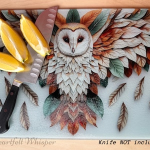 Owl Designed Glass Cutting Board, Unique Kitchen Decor for Fall & Thanksgiving Kitchen Gift Idea, Unique Barn Owl Cutting Board, Owl Design