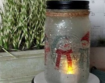 SNOWMAN Lighted Jar Decoration, Lighted Decoration, Lighted Decor, Mason Jar Lighted Decoration, Snowman Gift, Snowman Light