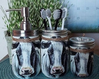 COW BATHROOM SET, Cow Canister Set, Cow Mason Jar Decor, Cow Decor, Farmhouse Decor, Cow Lover Gift, Housewarming Gift, Cow Jars