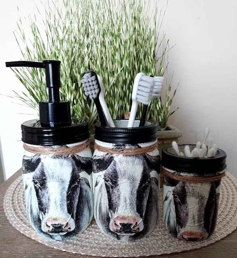 COW BATHROOM SET, Cow Canister Set, Cow Mason Jar Decor, Cow Decor ...