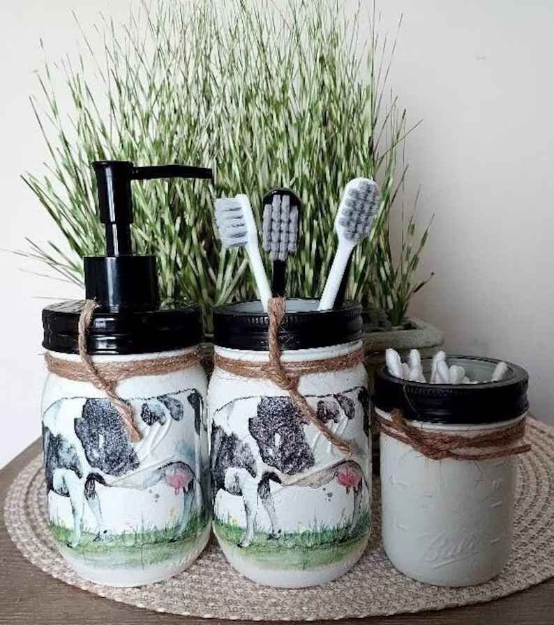 COW BATHROOM SET, Cow Canister Set, Cow Mason Jar Decor, Cow Decor