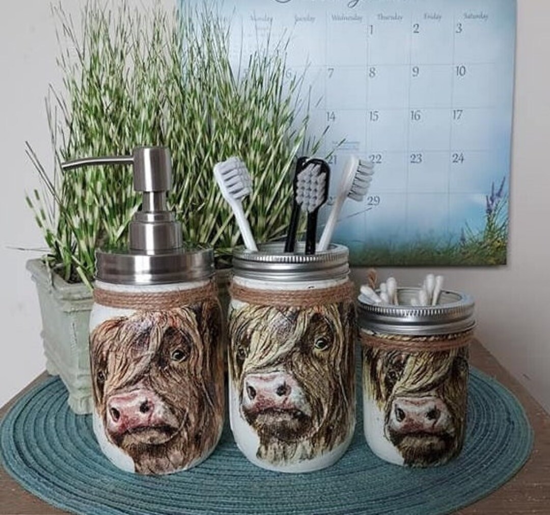 COW BATHROOM SET, Cow Canister Set, Cow Mason Jar Decor, Cow Decor ...