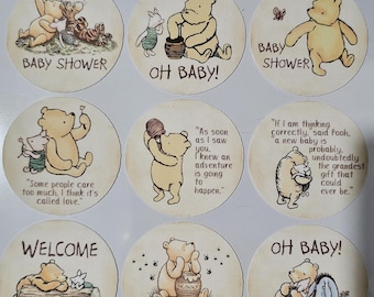 May include: A collection of Winnie the Pooh themed baby shower stickers. Each sticker features a different illustration of Pooh and friends with quotes like "Oh Baby!" and "Welcome Baby".