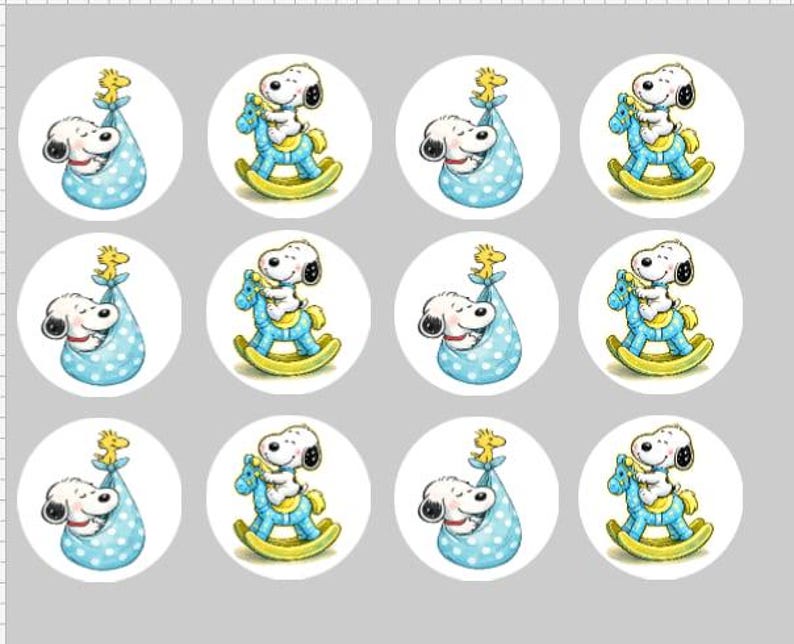 May include: A sheet of twelve circular stickers featuring alternating illustrations of Snoopy inside a blue polka-dot bundle with Woodstock on top, and Snoopy riding a blue rocking horse with yellow rockers, all set against a light gray background.