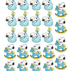 May include: A collection of twenty-two stickers featuring Snoopy and Woodstock. Twelve stickers show Snoopy inside a blue polka-dot baby bundle with Woodstock on top. Ten stickers show Snoopy riding a blue polka-dot rocking horse with yellow rockers.