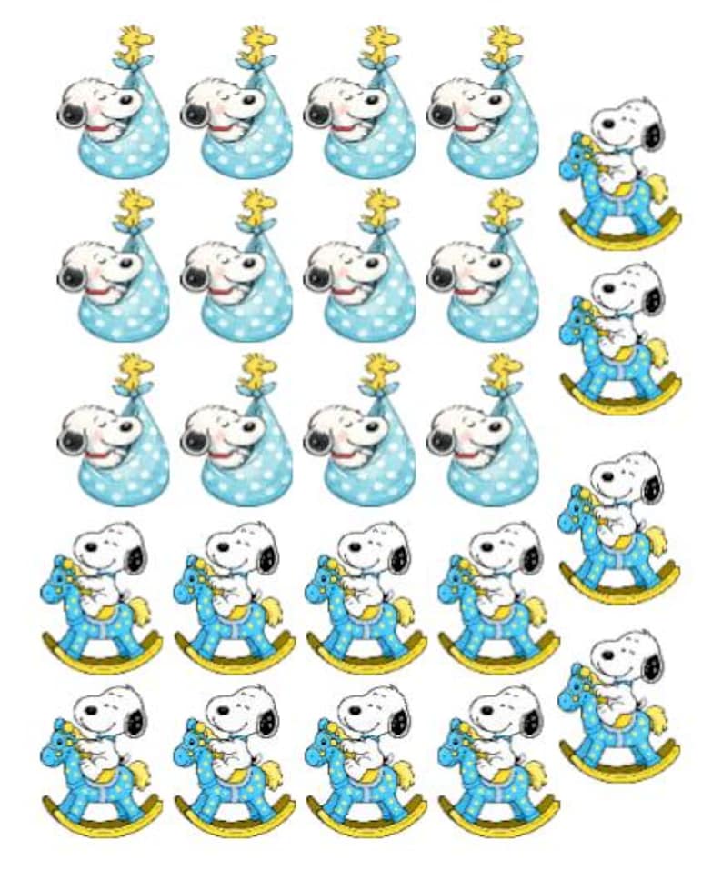 May include: A collection of twenty-two stickers featuring Snoopy and Woodstock. Twelve stickers show Snoopy inside a blue polka-dot baby bundle with Woodstock on top. Ten stickers show Snoopy riding a blue polka-dot rocking horse with yellow rockers.