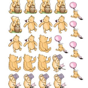 May include: A collection of cartoon illustrations featuring a yellow bear with a honey pot, butterflies, and a pink balloon. The bear is in various poses, including holding a balloon and interacting with a small pig character.