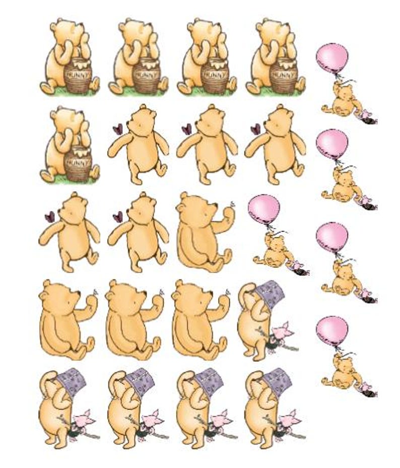 May include: A collection of cartoon illustrations featuring a yellow bear with a honey pot, butterflies, and a pink balloon. The bear is in various poses, including holding a balloon and interacting with a small pig character.