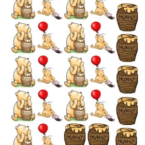May include: A collection of Winnie the Pooh stickers featuring the bear sitting with a honey pot labeled HUNNY, the bear holding a red balloon while walking with Piglet, and individual brown honey pots with the word HUNNY printed on the front.