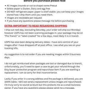 May include: A white background with text from Katsdippedtreats. The text includes information about edible images, including that they are precut, gluten, dairy, and egg-free. It also provides shipping and refund details.