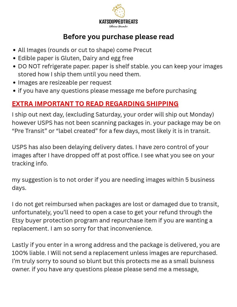 May include: A white background with text from Katsdippedtreats. The text includes information about edible images, including that they are precut, gluten, dairy, and egg-free. It also provides shipping and refund details.