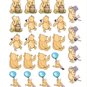 May include: A collection of cartoon illustrations featuring Winnie the Pooh and Piglet. The images show Winnie the Pooh with a honey pot, holding a balloon, and with a butterfly. Piglet is also shown. The illustrations are in shades of yellow, pink, and blue.