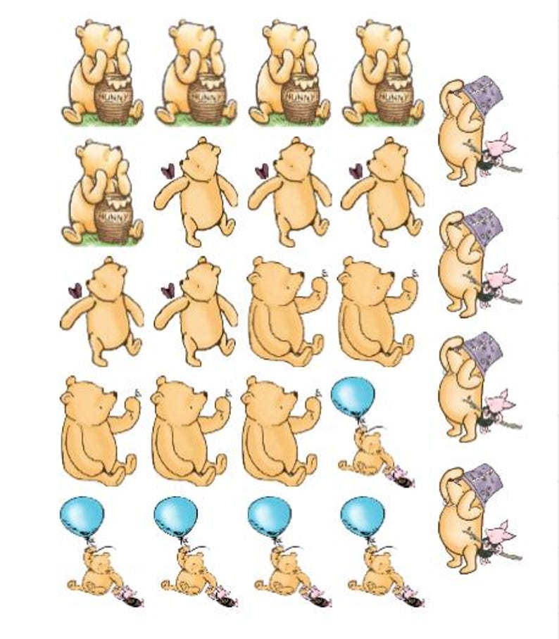 May include: A collection of cartoon illustrations featuring Winnie the Pooh and Piglet. The images show Winnie the Pooh with a honey pot, holding a balloon, and with a butterfly. Piglet is also shown. The illustrations are in shades of yellow, pink, and blue.