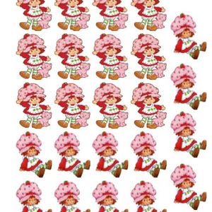 May include: A pattern featuring the Strawberry Shortcake cartoon character. Each character wears a pink strawberry hat, a red dress, and green and white striped leggings. Some characters are holding a pink cat.