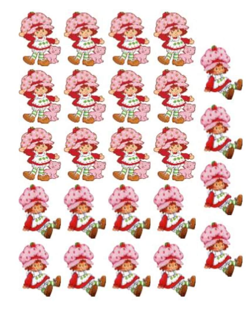 May include: A pattern featuring the Strawberry Shortcake cartoon character. Each character wears a pink strawberry hat, a red dress, and green and white striped leggings. Some characters are holding a pink cat.