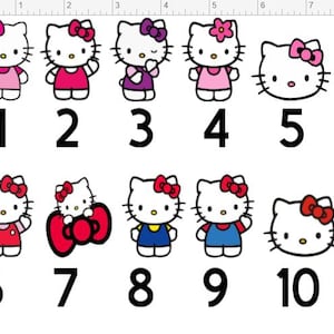 May include: A collection of ten Hello Kitty character illustrations, each with a unique outfit and bow color. The images are numbered 1 through 10, with a white background. The character's iconic features include a white face, black eyes, and whiskers.