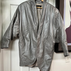 Vintage 80s Silver Gray Leather Slouchy Padded Jacket