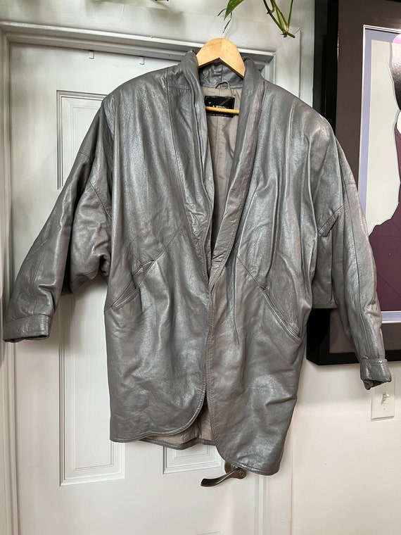 Vintage 80s Silver Gray Leather Slouchy Padded Jac