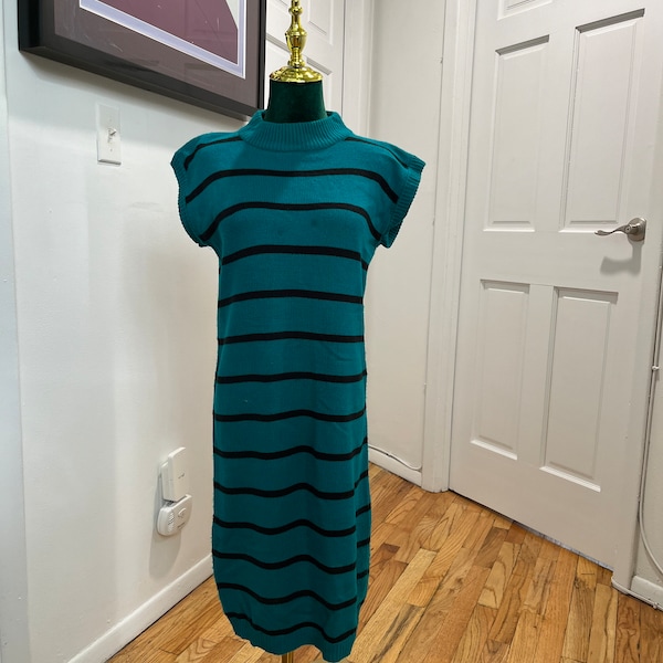 Vintage 1980s Teal Green & Black Striped Sweater Dress