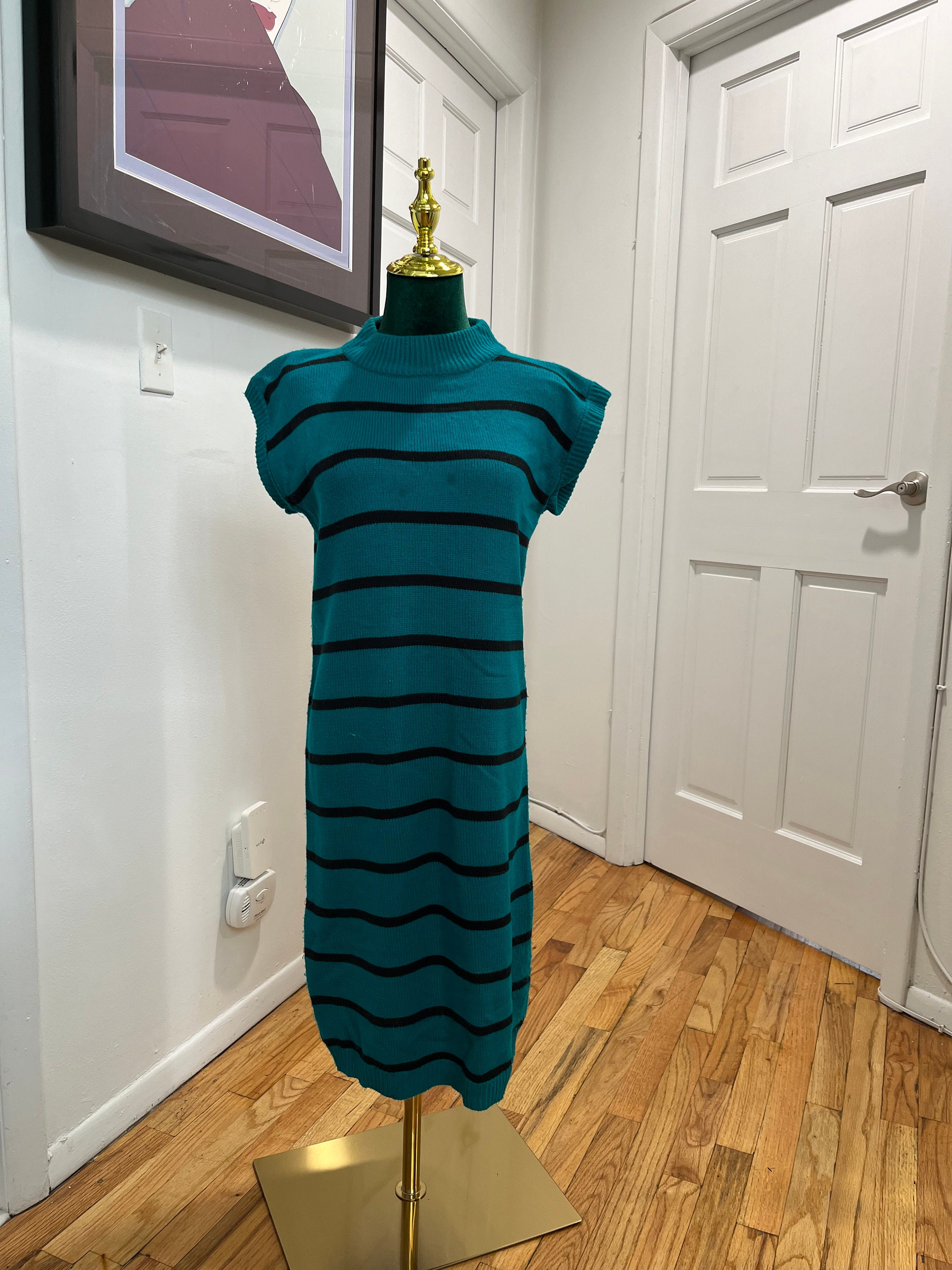 Vintage 1980s Teal Green & Black Striped Sweater Dress - Etsy