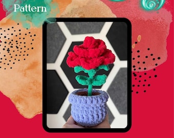 Padrão de crochê para rosa de pelúcia em vaso