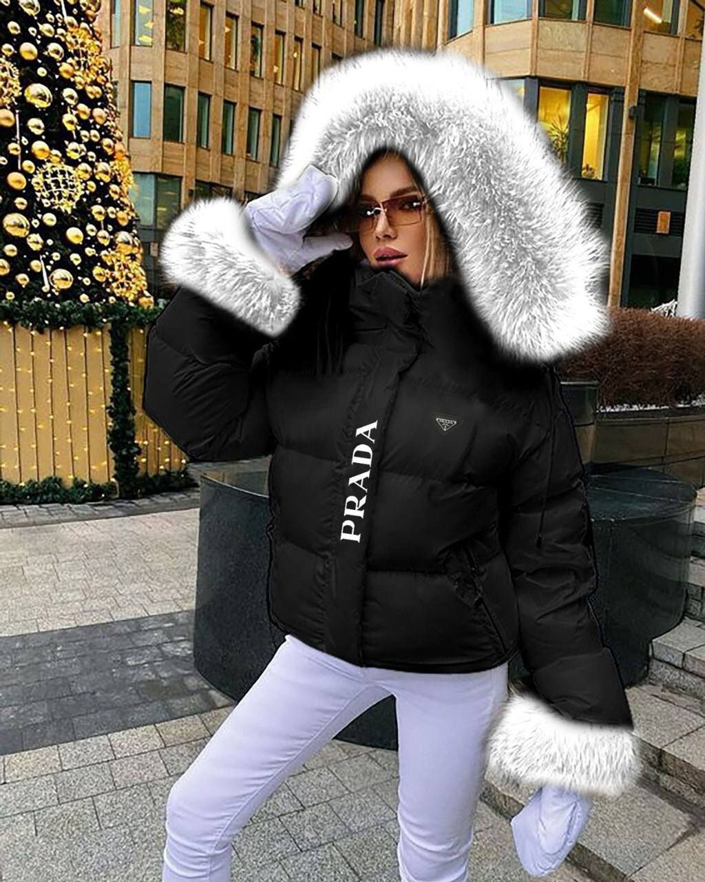 Cozy white faux fur Hoodie with LV inspired black Monograms print