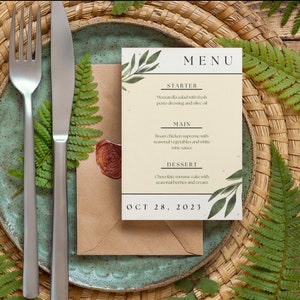 Szablon menu weselnego, stylowe menu z atrakcyjnymi czcionkami weselnymi, prosty projekt i możliwość edycji, do wyboru zielony, różowy lub żółty