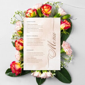 Szablon menu weselnego, stylowe menu z atrakcyjnymi czcionkami weselnymi, proste edytowalne projekty, do wyboru karmel, róż lub niebiesko-złoty
