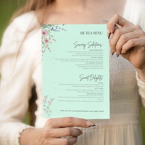 Szablon menu weselnego, stylowe menu z atrakcyjnymi czcionkami weselnymi, prosty projekt i możliwość edycji, do wyboru kolor biały, zielony lub niebieski