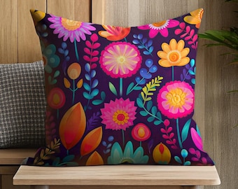 Vibrant Floral Pillow, Bold Flower Cushion, Modern Boho Throw Pillow, Colorful Floral Design for Living Room, Decorative Cushion for Home