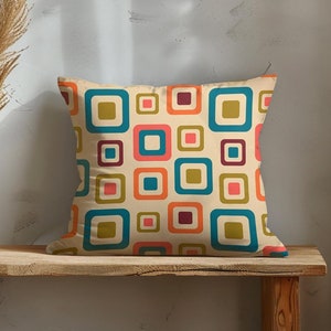 Retro Geometric Cushion Cover, Abstract Circle and Square Pillow, Mid-Century Modern Decor, Colorful Throw Pillow, Vintage Patterned Pillow