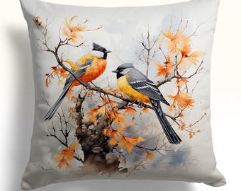 Autumn Birds Pillow Cover with Fall Leaves, Rustic Woodland Cushion for Sofa or Bedroom – Custom Throw Pillow 18x18 20x20