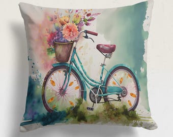 Watercolor Bike Pillow Cover with Floral Basket Design, Pastel Cottagecore Throw Pillow in Soft Velvet – Custom Size Decorative Cushion