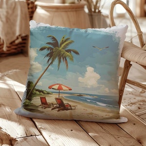 Tropical Beach Vibes Cushion – Vintage Inspired Beach Design with Palm Trees and Retro Sunset for a Relaxing, Summer-Inspired Home