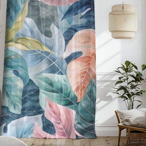 Tropical Leaf Print Curtains in Multicolor Palette, Coastal Style Drapes with Large Botanical Pattern – Custom Window Panel, Rod Pocket
