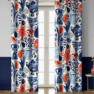 Blue and Red Folk Art Pattern Curtains, Modern Botanical Window Drapes for Kitchen or Dining Room – Grommet Top, Custom Size Panel