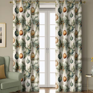 Beige Christmas curtains, holiday ornament drapes, festive window panel, seasonal pine design, winter home decor, blackout curtain