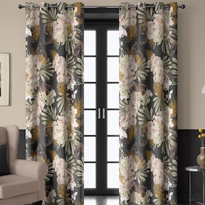 Black tropical curtains, floral palm drapes, coastal style window panel, exotic botanical design, summer home decor, blackout curtain