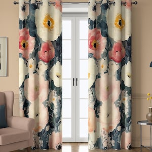 Cream and Blush Cottagecore Floral Curtains – Vintage Large Flower Print Drapes with Yellow and Pink Accents, Romantic Window Panel