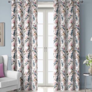 Soft Gray Floral Curtains with Pink and Blue Accents, Botanical Pattern Drapes for Living Room – Blackout Curtain, Grommet Top, Custom Size