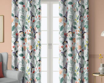 White Floral Curtains with Hummingbirds, Colorful Botanical Drapes for Living Room – Blackout Curtain, Custom Size Window Treatment