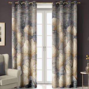 May include: A pair of gray and gold curtains with a botanical design. The curtains feature large, stylized gold leaves against a textured gray background. The curtains are hanging from a gold rod and are in front of a white door.