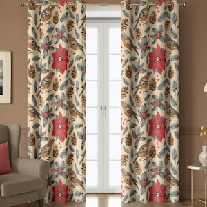 Beige Christmas Curtains with Red Poinsettia, Birds and Pine Cones – Holiday Botanical Drapes, Winter Window Treatment, Blackout Option