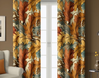 Autumn Toned Vintage Botanical Curtains, Art Nouveau Leaf Drapes in Warm Orange and Mustard – Custom Window Panel, Living Room Decor