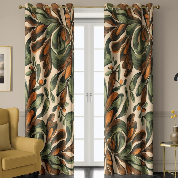 Beige and Green Botanical Curtains, Modern Contemporary Drapes with Orange Leaf Pattern – Blackout Curtain, Custom Size Window Treatment
