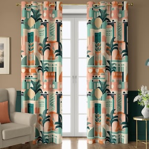 Retro Geometric Curtains in Mid-Century Style, Colorful Abstract Window Panels for Living Room – Decorative Drapes, Custom Size Available