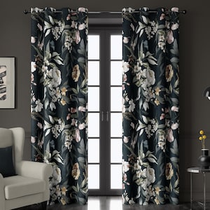 Dark Floral Curtains in Victorian Style, Romantic Peony and Tulip Drapes in Pastel Tones – Blackout Custom Size, Valance & Kitchen Option
